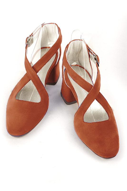 Women's terracotta orange elegant closed-back heels, with crossed straps. .  - Top view